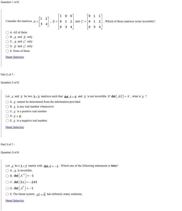 Solved Question 1 Of 8 ſi 2 Consider The Matrices A 3