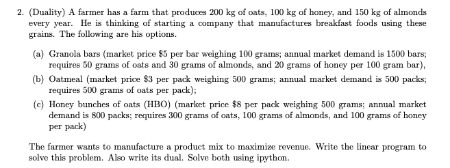 2. (Duality) A farmer has a farm that produces 200 kg | Chegg.com