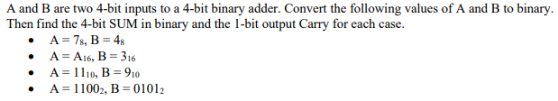 Solved A And B Are Two 4-bit Inputs To A 4-bit Binary Adder. | Chegg.com