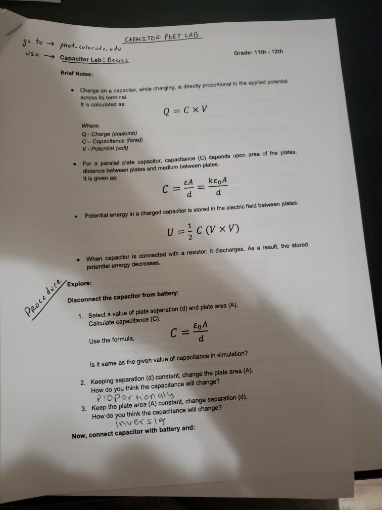 Solved ge to phet.colorade, edu CAPACT TOR PHET LAB Use