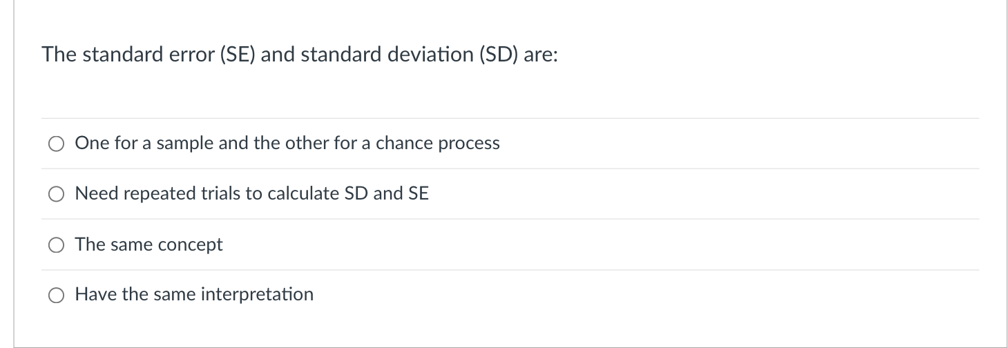 Solved The standard error (SE) and standard deviation (SD) | Chegg.com