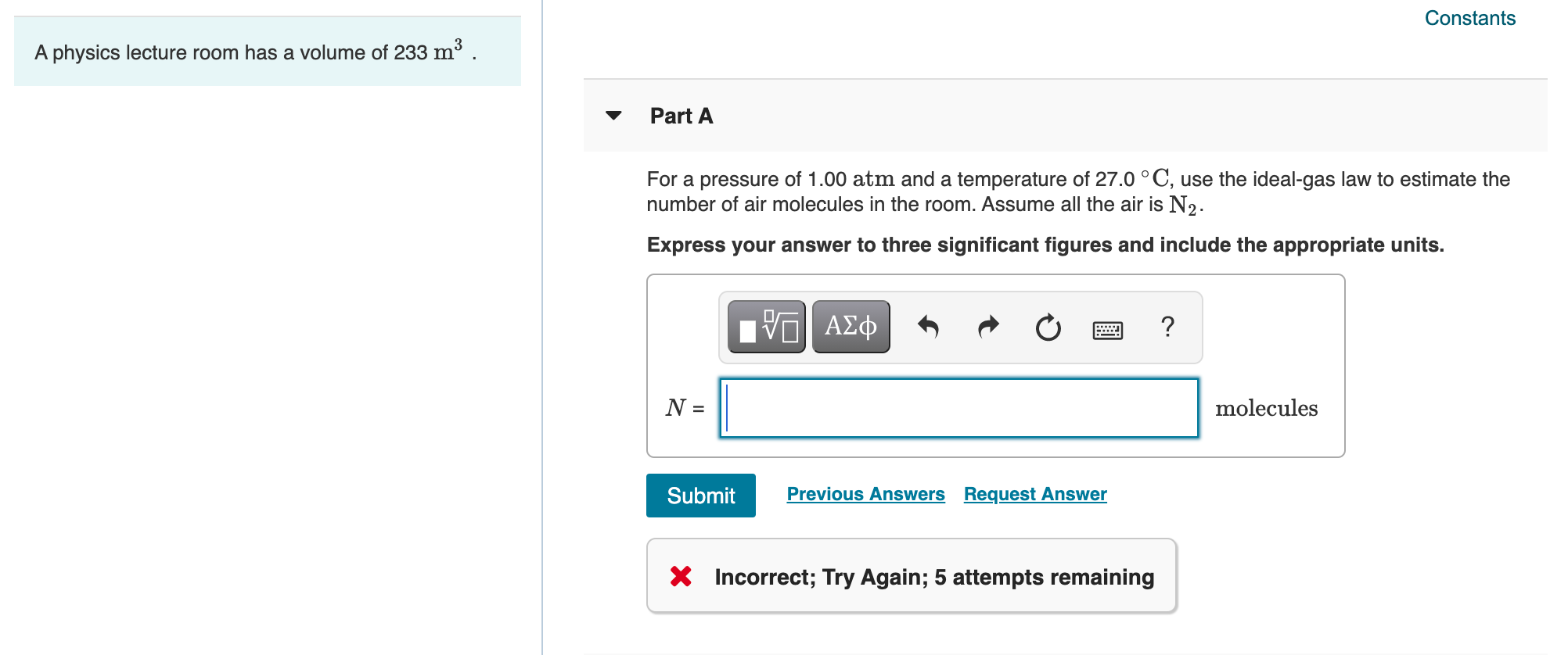 Solved Constants A physics lecture room has a volume of 233 | Chegg.com