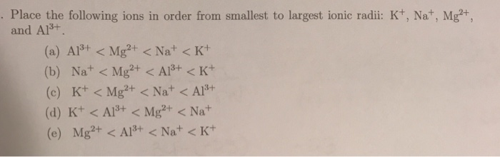 Solved Place the following ions in order from smallest to | Chegg.com