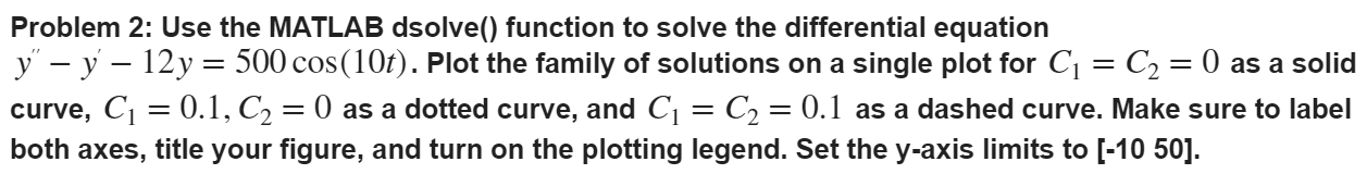 Solved Problem 2: Use the MATLAB dsolve() function to solve | Chegg.com