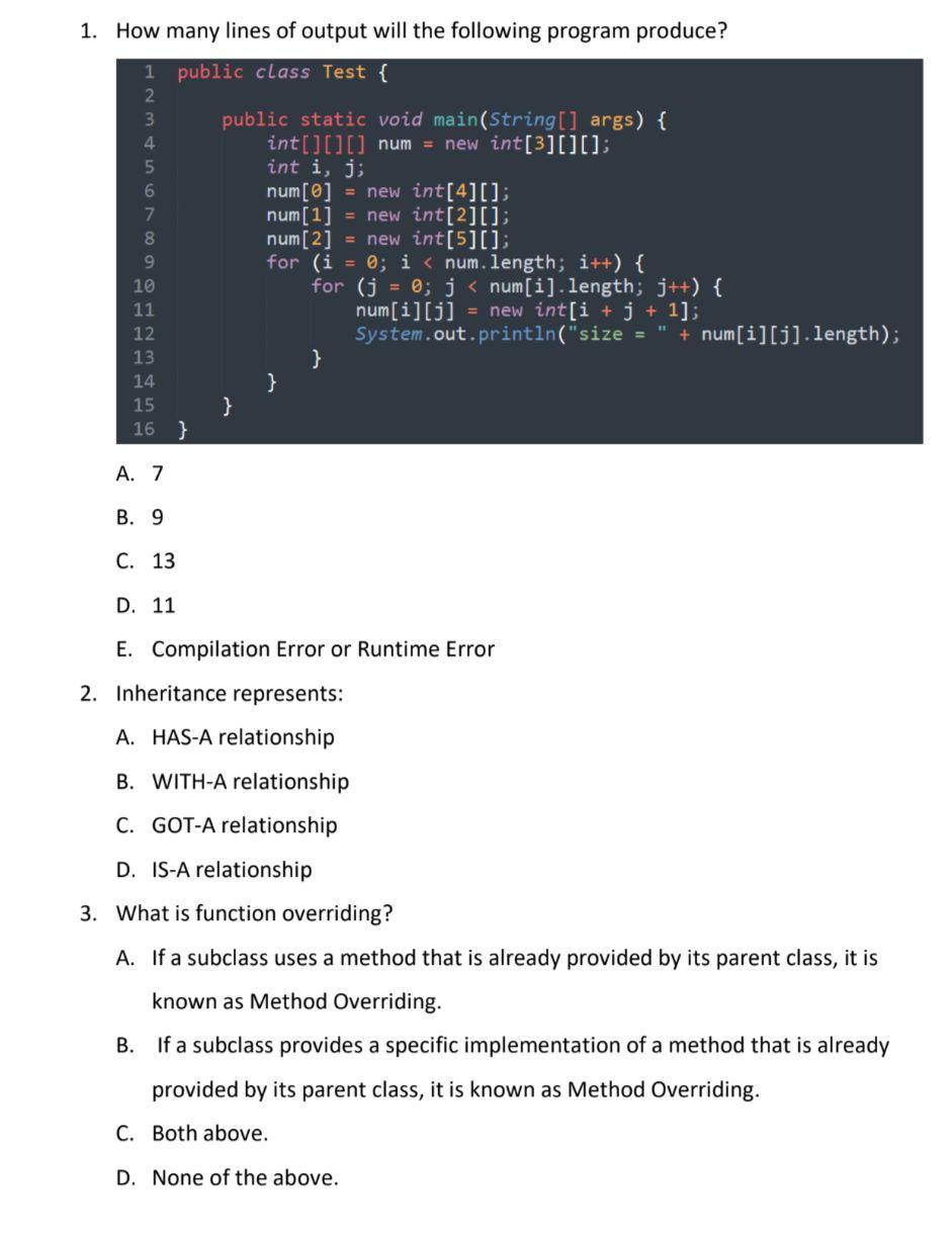 Solved A. 7 B. 9 C. 13 D. 11 E. Compilation Error or Runtime | Chegg.com