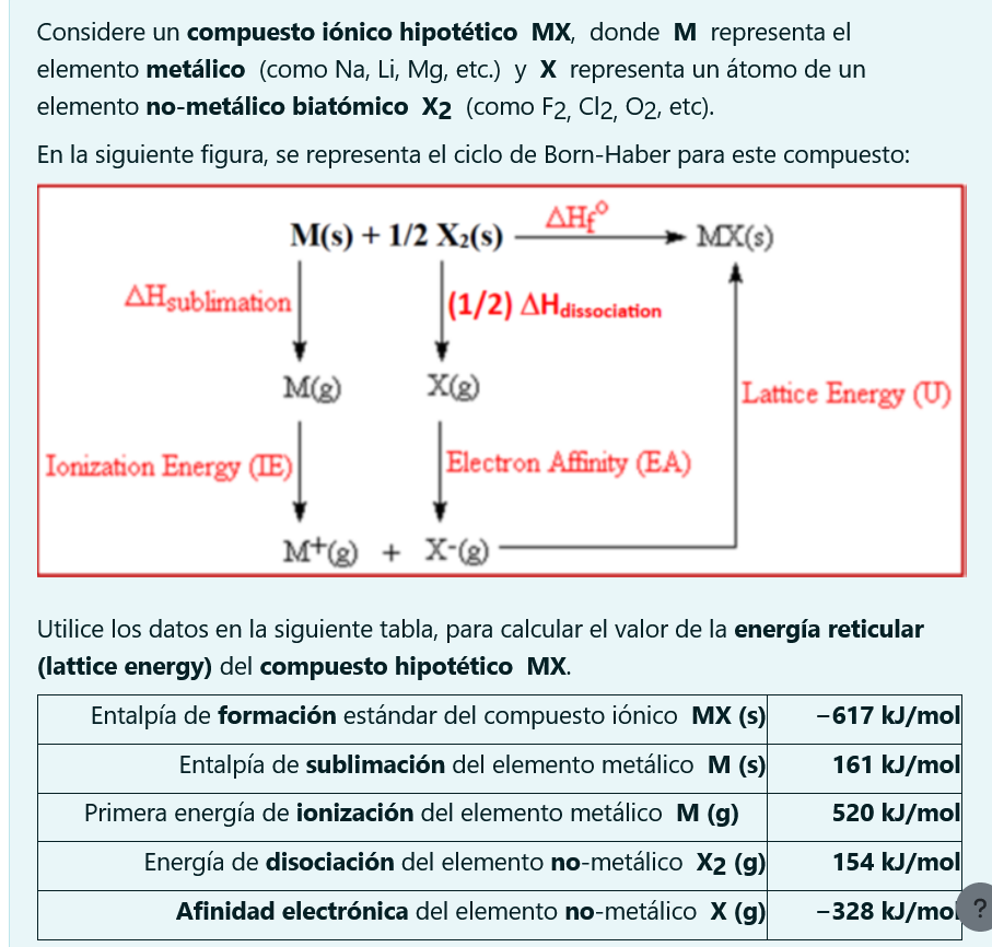 Considere un compuesto iónico hipotético \( \mathbf{M X} \), donde \( \mathbf{M} \) representa el elemento metálico (como \(