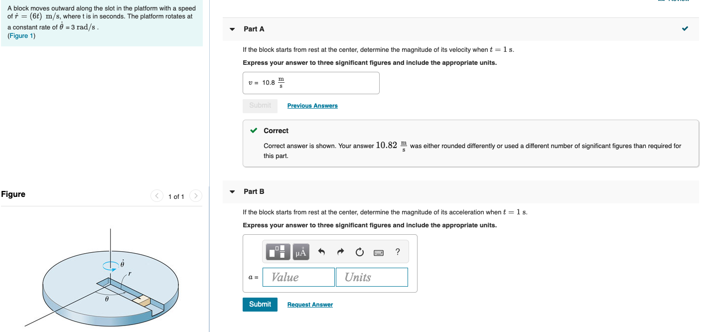 Solved A block moves outward along the slot in the platform | Chegg.com