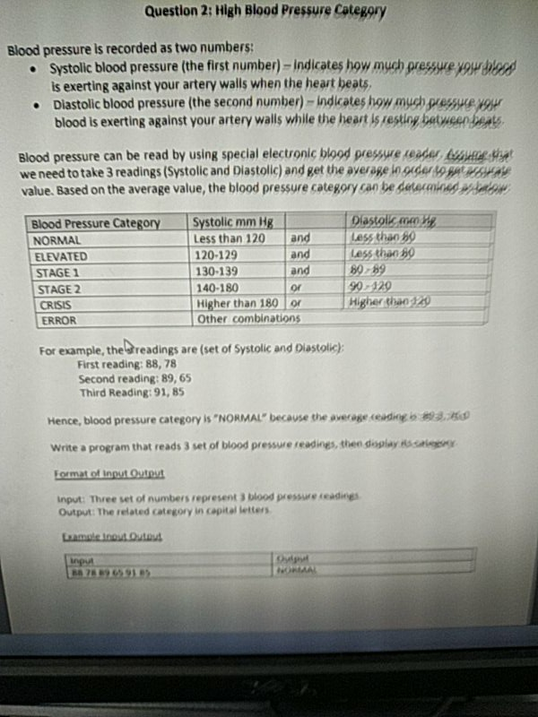 Solved Question 1: Blood Pressure Number Blood pressure is | Chegg.com
