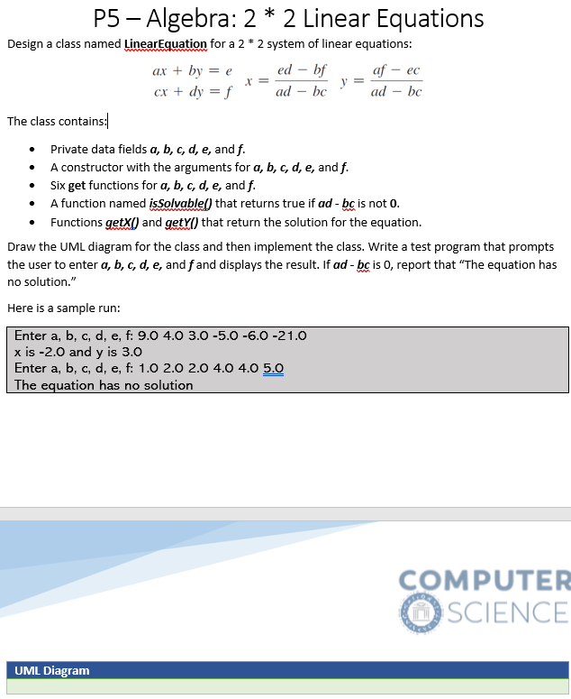 Solved P5 - Algebra: 2 * 2 Linear Equations Design a class | Chegg.com