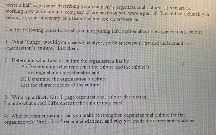 Solved Write a half page paper describing your company's | Chegg.com