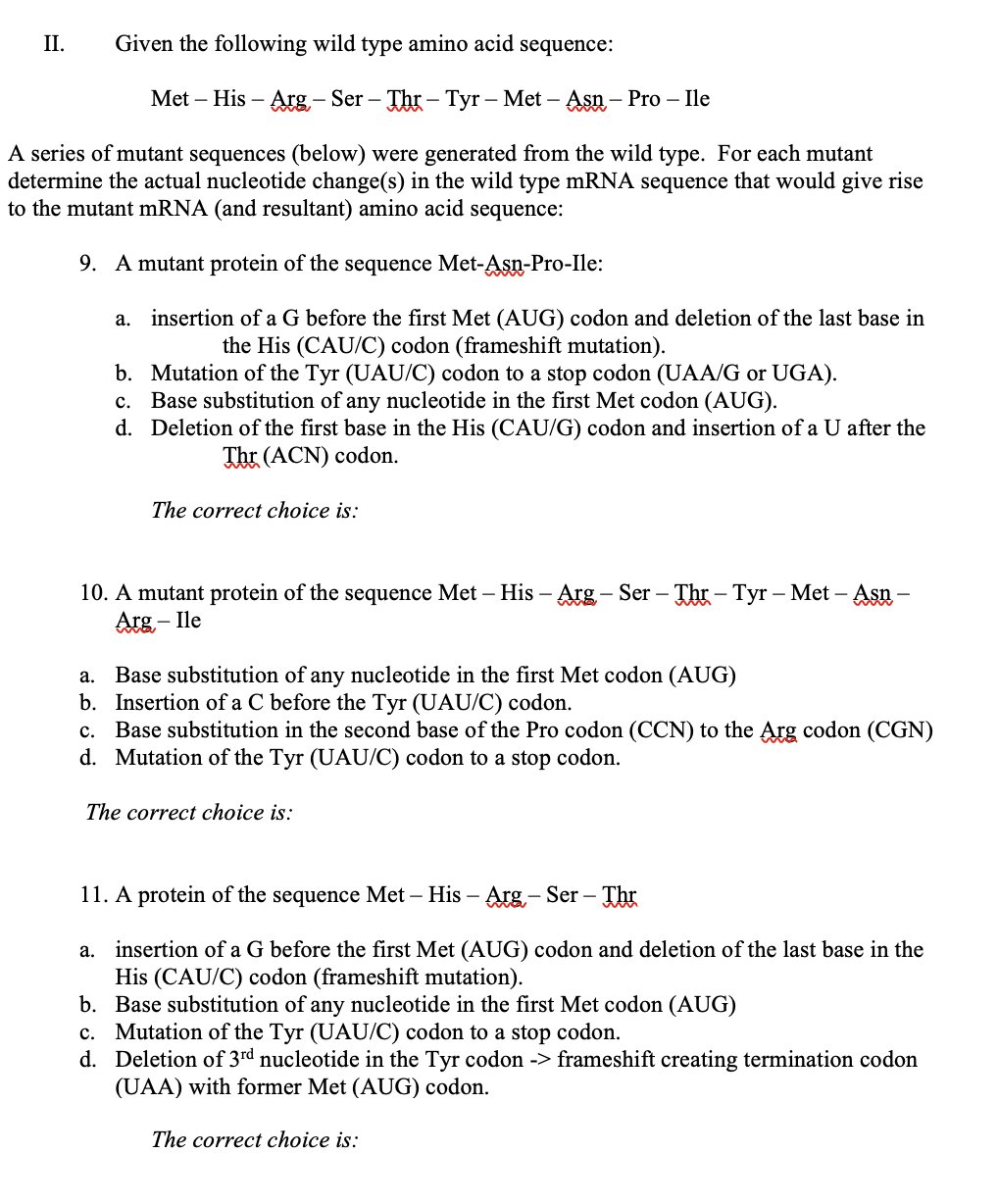 Solved II. Given the following wild type amino acid | Chegg.com