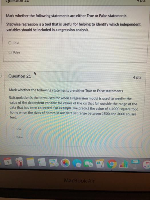 Solved uestion 20 Mark whether the following statements are | Chegg.com