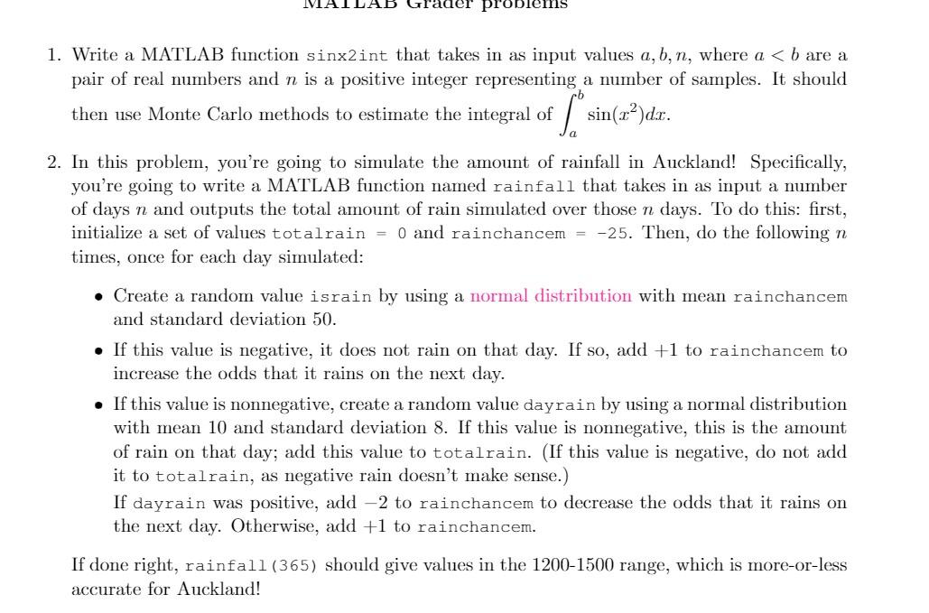 Solved MATLAB ader problems 1. Write a MATLAB function | Chegg.com