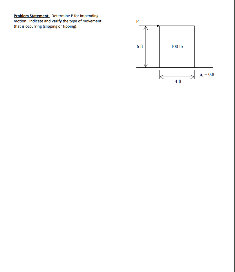 Problem Statement: Determine P for impending motion. Indicate and verify the type of movement that is occurring (slipping or 