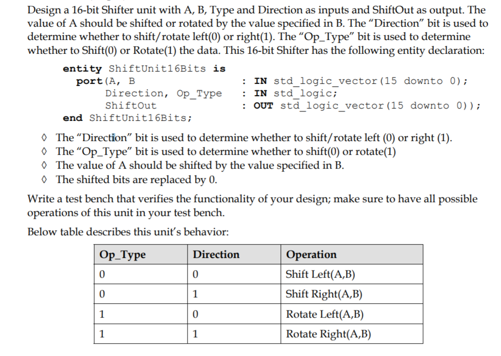 Solved Design a 16-bit Shifter unit with A, B, Type and | Chegg.com