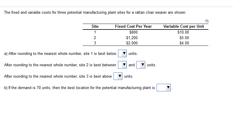 Solved The fixed and variable costs for three potential | Chegg.com