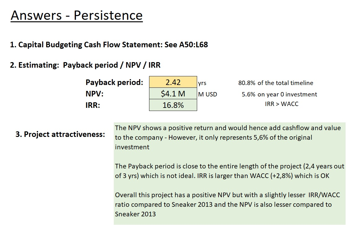 Answers - persistence 1. capital budgeting cash flow statement: see a50:l68 2. estimating: payback period / npv / irr payback