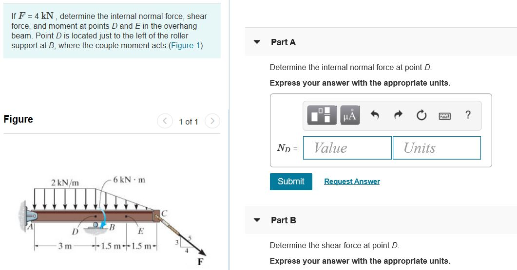 Solved If F = 4 kN determine the internal normal force, | Chegg.com