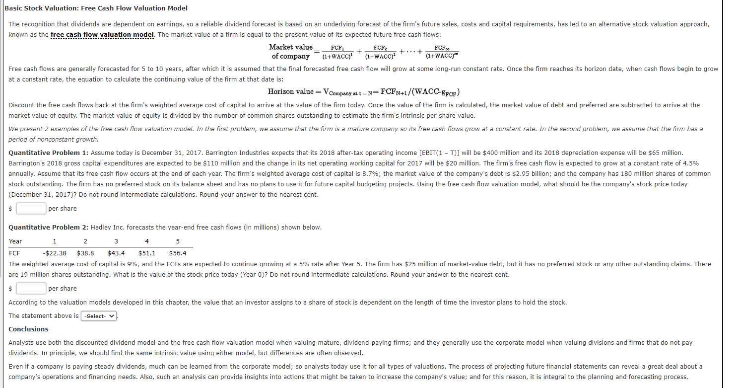 Solved Basic Stock Valuation Free Cash Flow Valuation Model Chegg