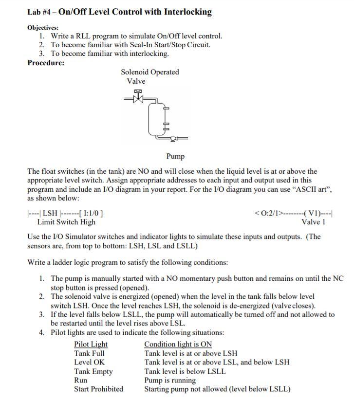 Solved Lab #4 - On/Off Level Control with Interlocking | Chegg.com