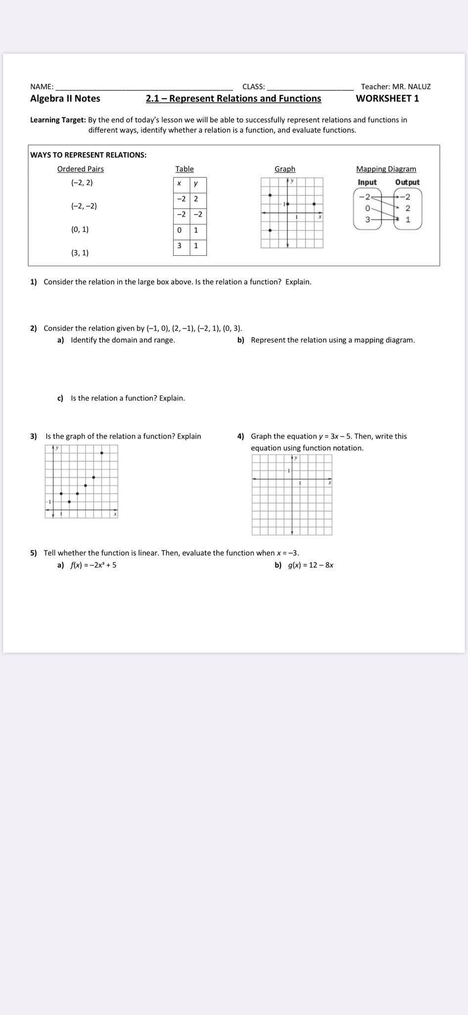 Solved NAME: Algebra Il Notes CLASS: 221.21 - Represent  Chegg.com Inside Functions And Relations Worksheet