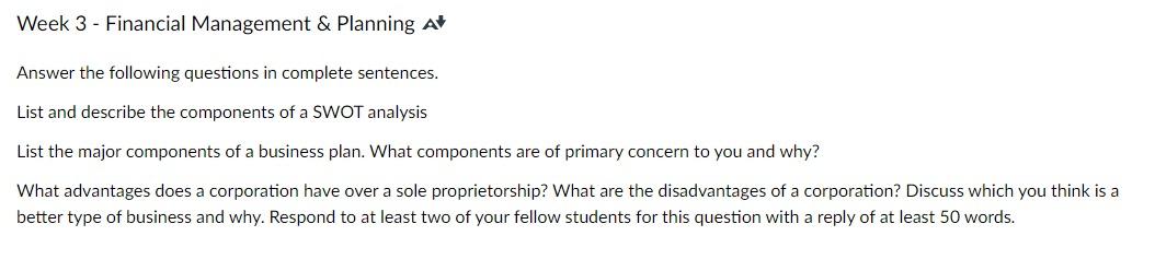 Solved Week 3 - Financial Management & Planning A Answer the | Chegg.com