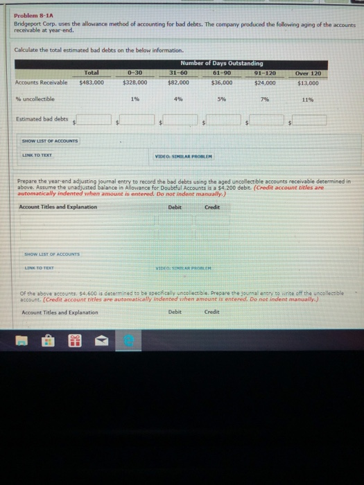 Solved Problem 8-1A Bridgeport Corp. uses the allowance | Chegg.com