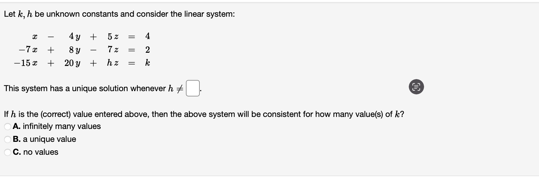 Solved Let k,h be unknown constants and consider the linear | Chegg.com