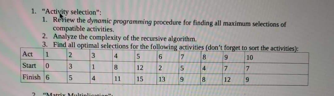 Solved 1. "Activity selection": 1. Review the dynamic | Chegg.com