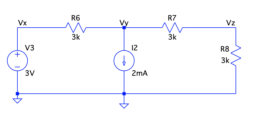 Solved R6 R7 Vx Vz 3k 3k V3 12 R8 3k 3V 2mA | Chegg.com