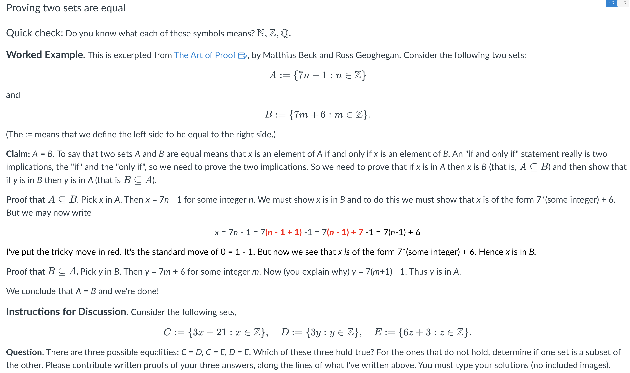 Solved Proving two sets are equal Quick check: Do you know | Chegg.com