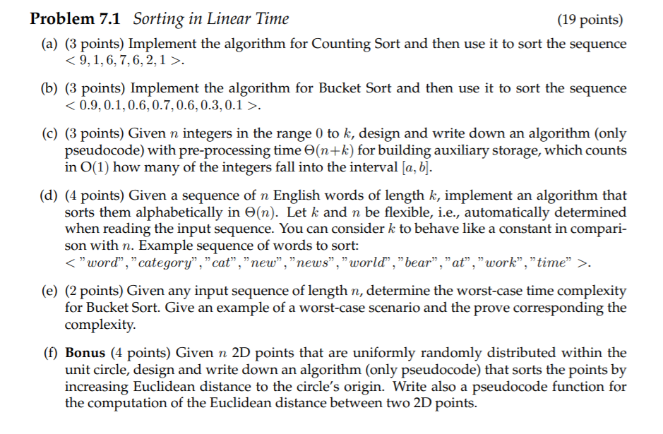 Problem 7.1 Sorting in Linear Time (19 points) (a) (3 | Chegg.com