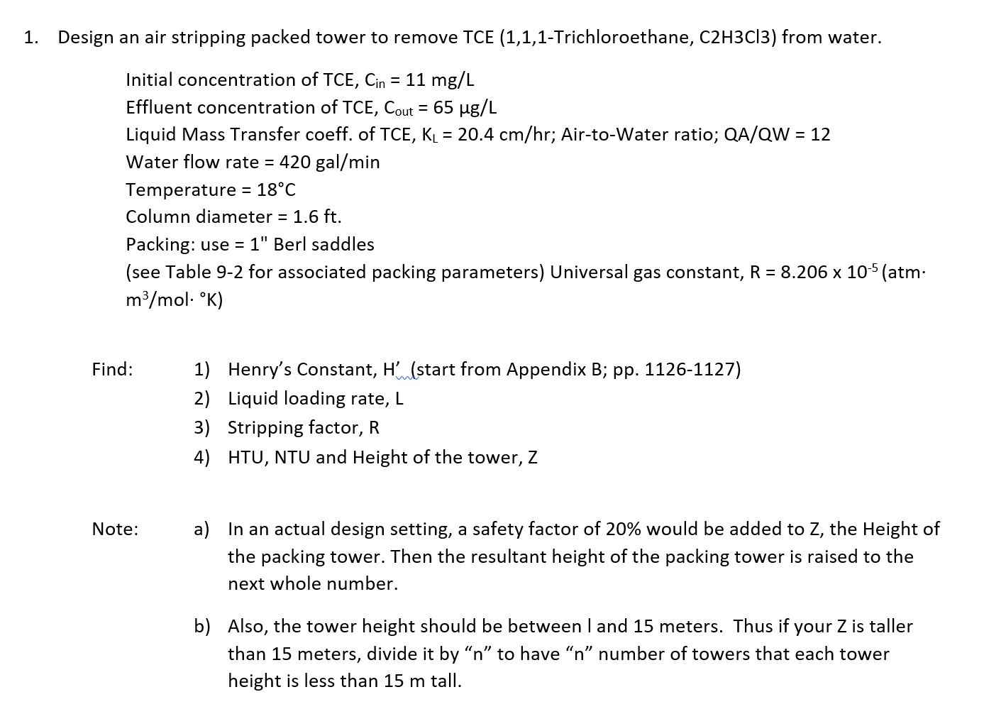 Solved 1. Design An Air Stripping Packed Tower To Remove Tce 