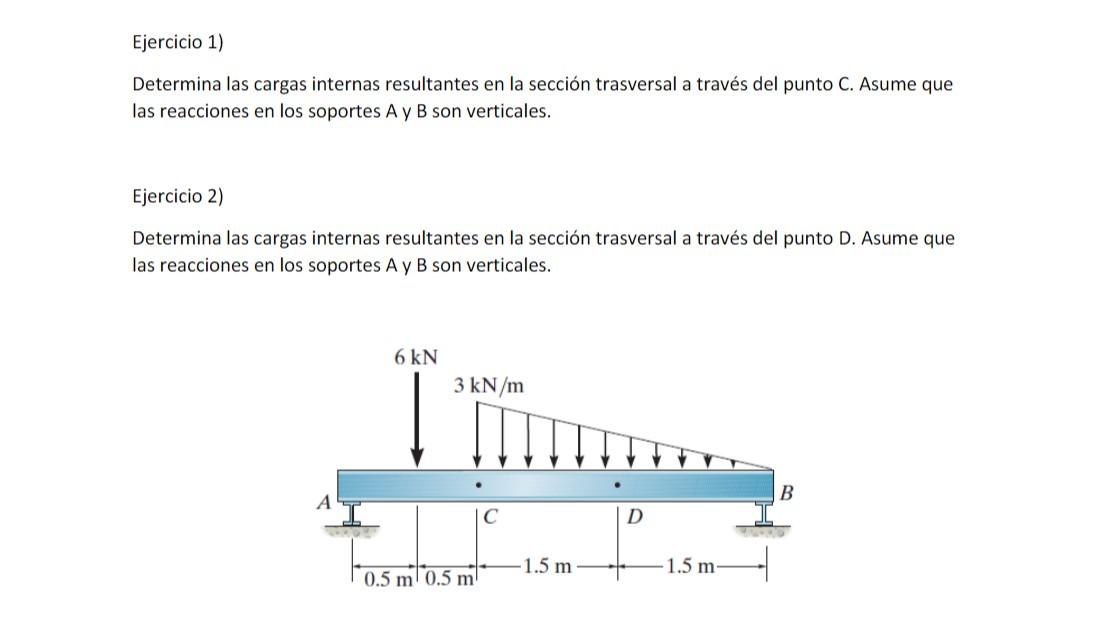 Ejercicio 1) Determina las cargas internas resultantes en la sección trasversal a través del punto C. Asume que las reaccione