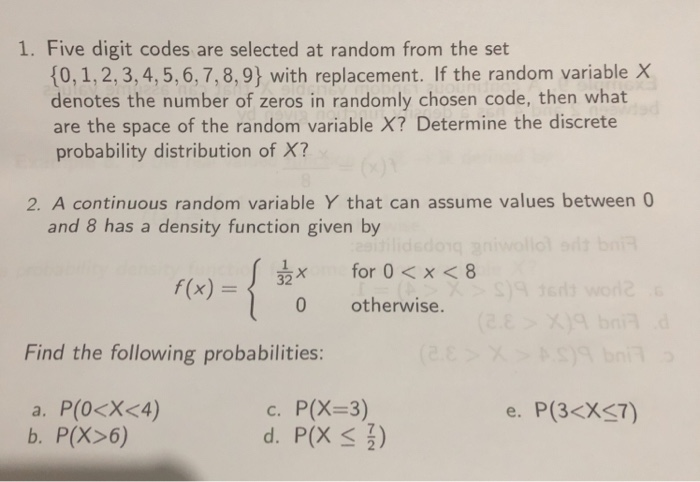 Solved 1. Five digit codes are selected at random from the | Chegg.com