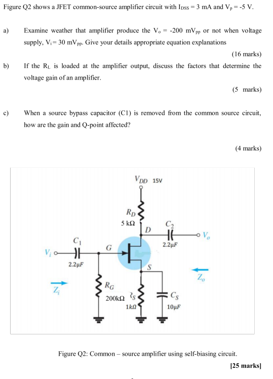 Solved Figure Q2 shows a JFET common-source amplifier | Chegg.com