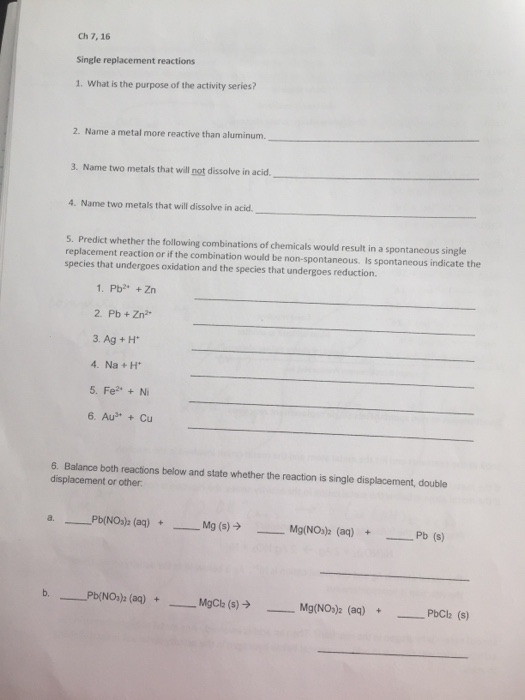 Solved Ch 7,16 Single Replacement Reactions 1. What Is The | Chegg.com