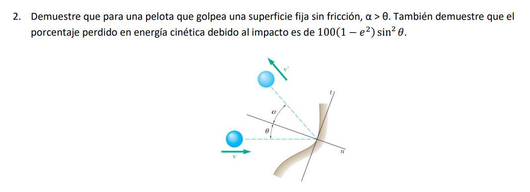 2. Demuestre que para una pelota que golpea una superficie fija sin fricción, \( \alpha>\theta \). También demuestre que el p