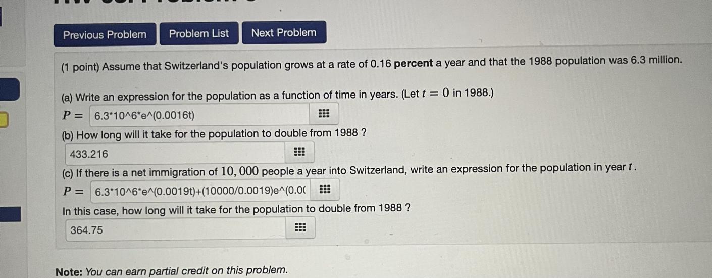 Solved (1 point) Assume that Switzerland's population grows