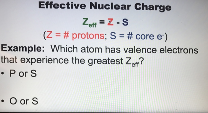 Solved Effective Nuclear Charge Z_eff = Z - S (Z = # | Chegg.com