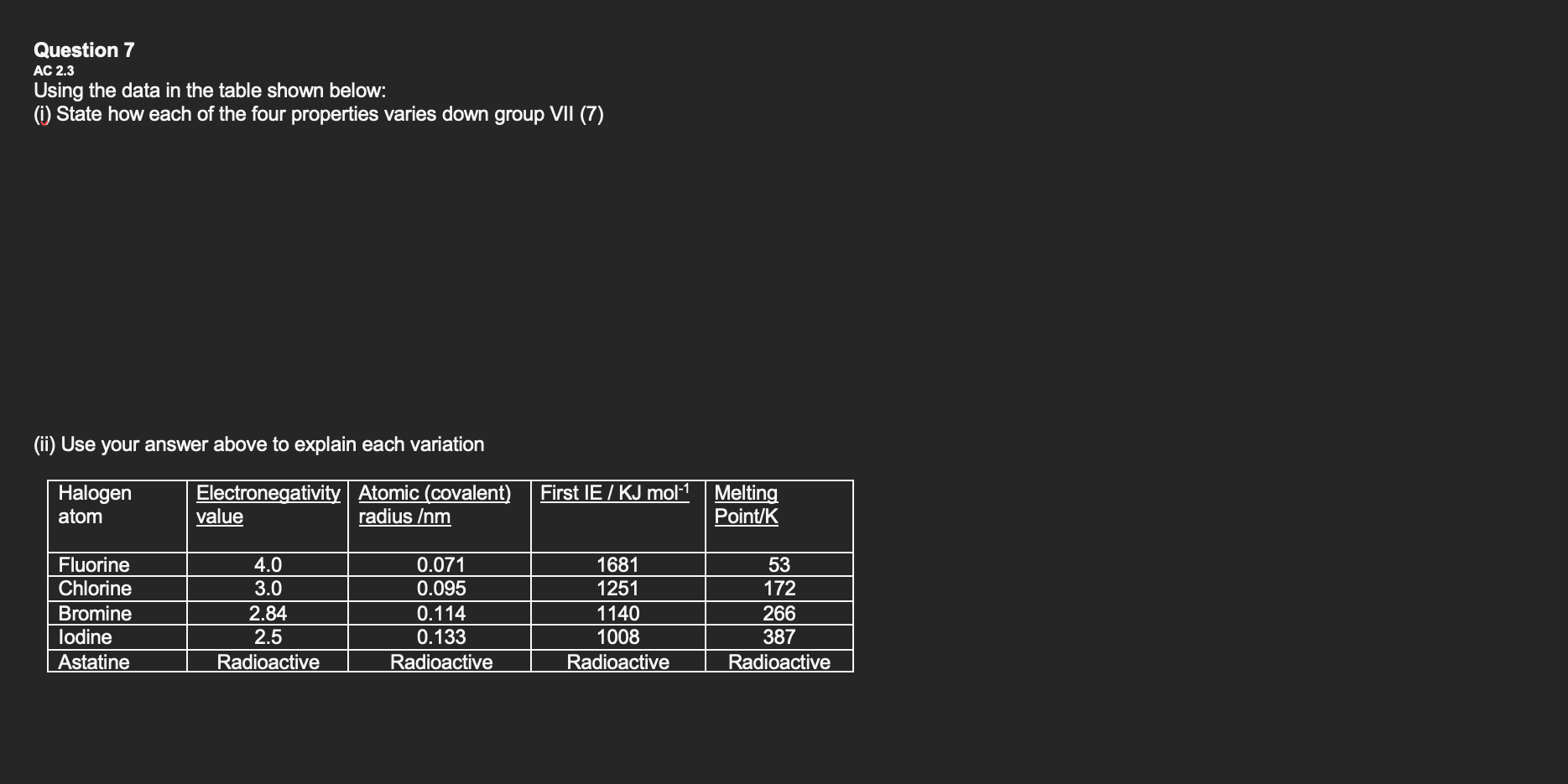 Solved Question 7 AC 2.3 Using the data in the table shown | Chegg.com
