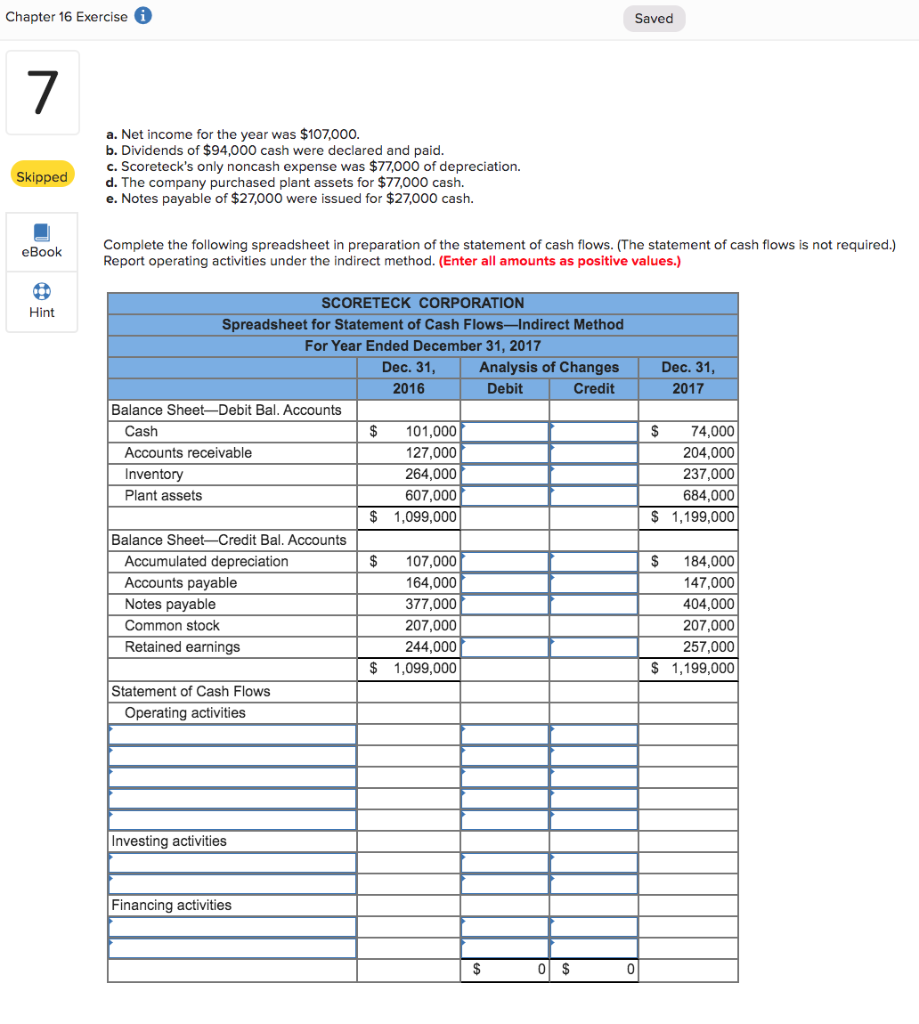 Solved Chapter 16 Exercise Saved 7 a. Net income for the | Chegg.com