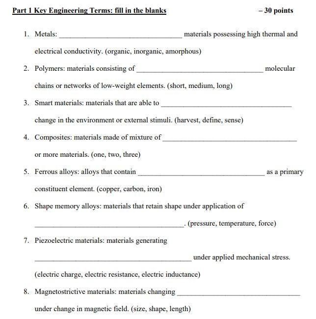 Solved Part 1 Key Engineering Terms fill in the blanks 30