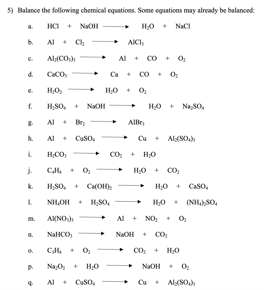 Solved 5) Balance the following chemical equations. Some | Chegg.com