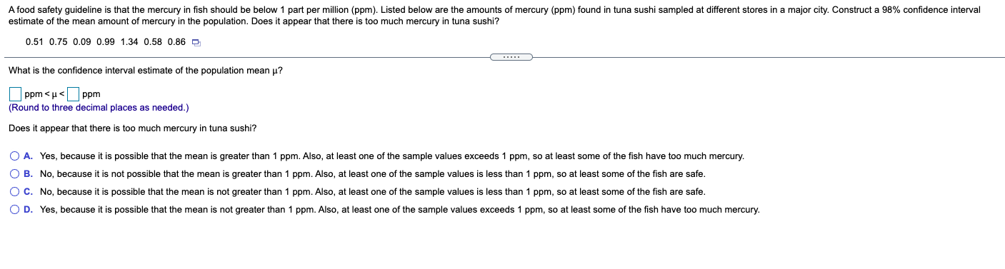 Solved A food safety guideline is that the mercury in fish | Chegg.com