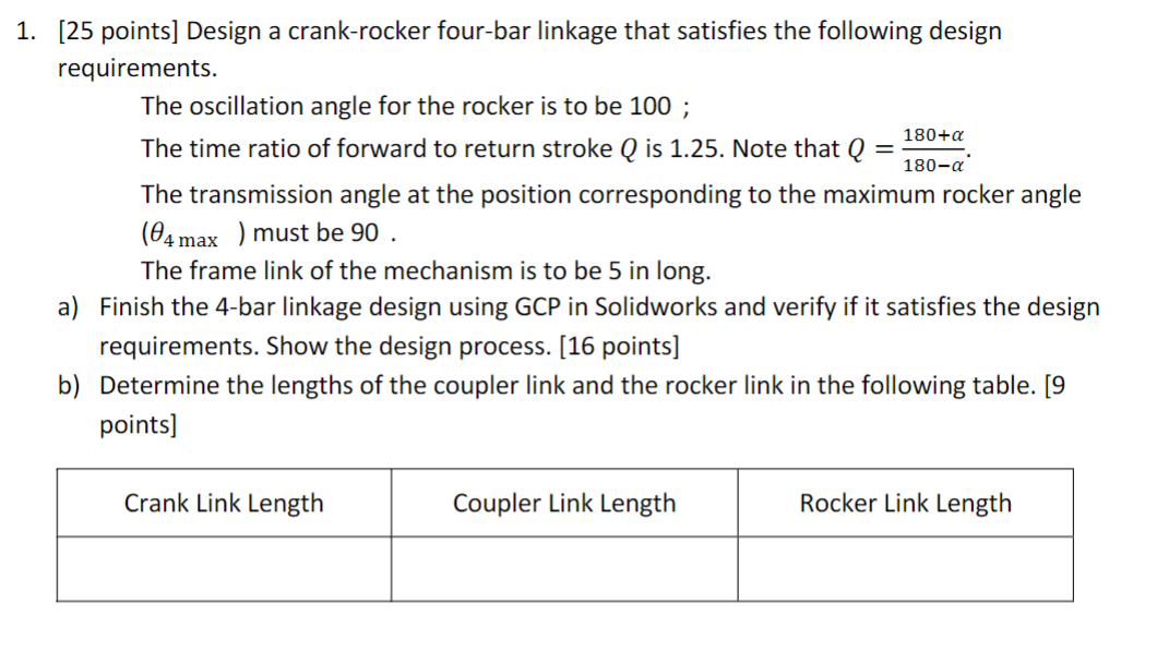 Solved 1. [25 points] Design a crank-rocker four-bar linkage | Chegg.com