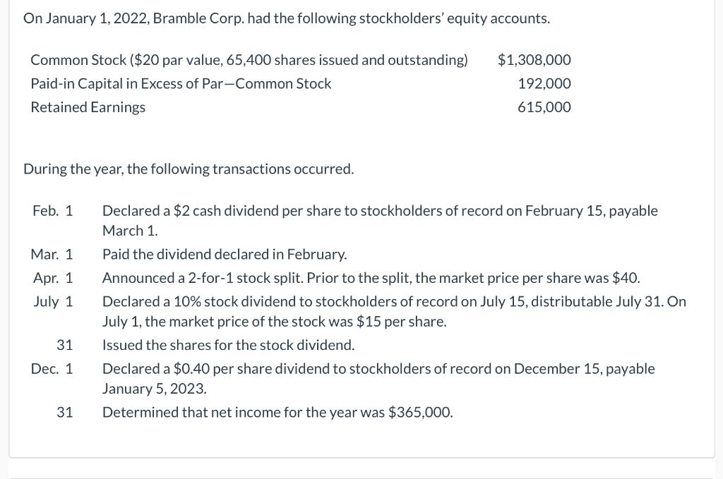 Solved On January Bramble Corp Had The Following Chegg Com