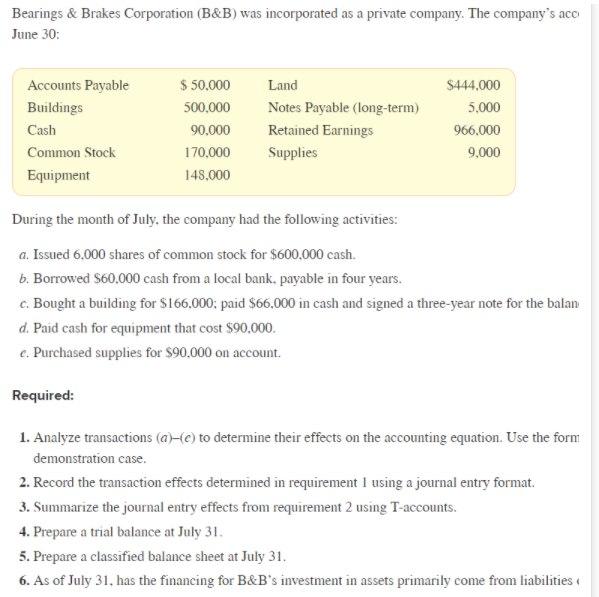 Solved Bearings & Brakes Corporation (B&B) Was Incorporated | Chegg.com