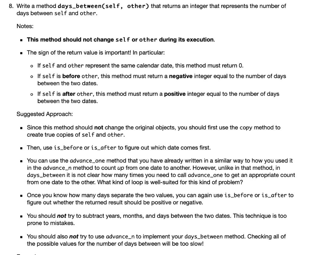 Solved 8 write a method days between self other that chegg
