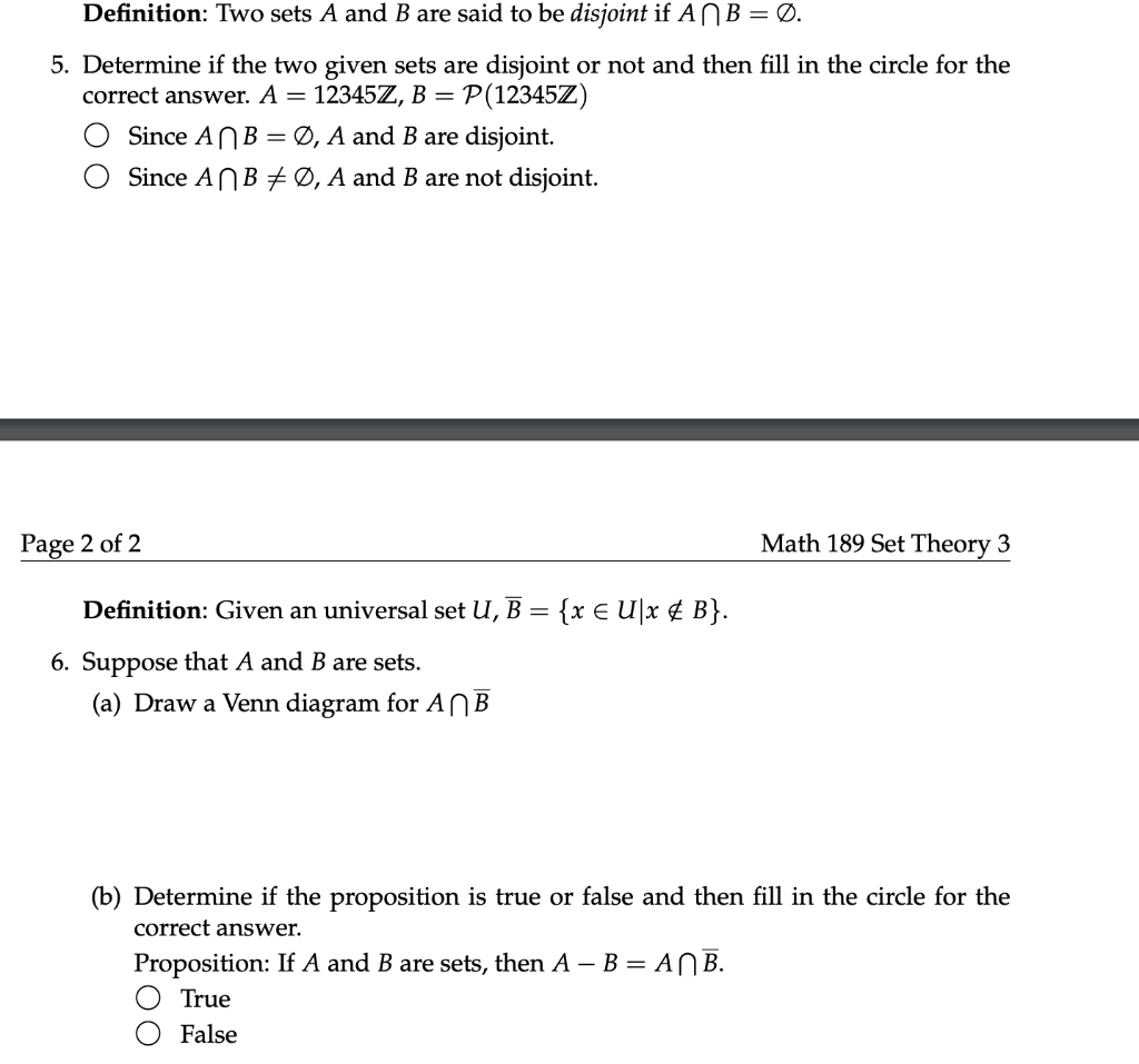 Solved Definition: Two Sets A And B Are Said To Be Disjoint | Chegg.com